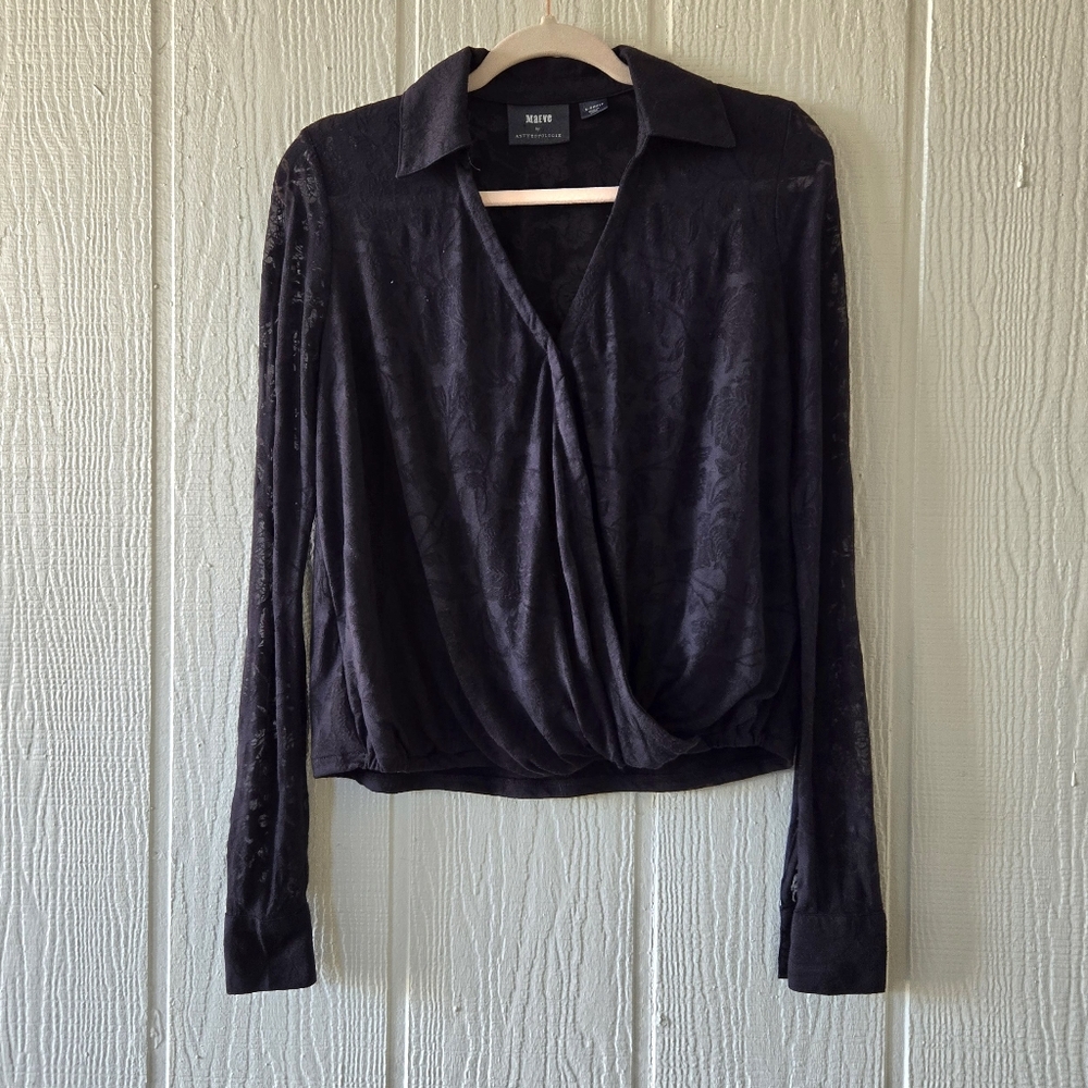 Anthropologie MaEve Sheer Floral V Neck Surplice Longsleeve Top Black XS